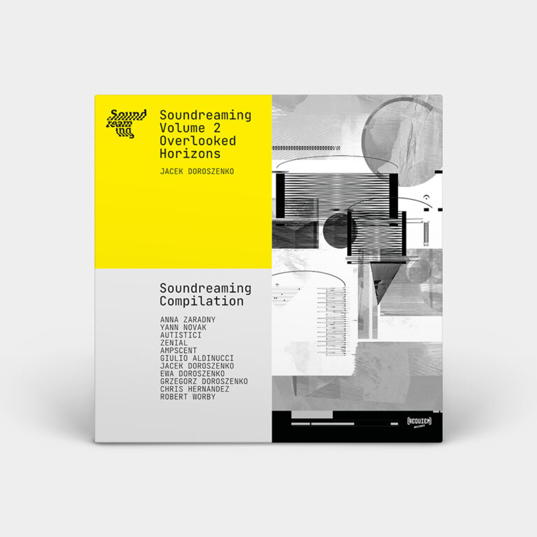 Album cover made to look 3d so it’s standing upright with a light grey background. The cover has a yellow background on the top left quarter with black text that reads “Soundreaming Volume 2 Overlooked Horizons; Jacek Doroszenko”. The bottom left quarter has a light grey background and black text that reads “Soundreaming Compilation; Anna Zaradny; Yann Novak; Autistici; Zenial; Ampscent; Giulio Aldinucci Jacek Doroszenko Ewa Doroszenko; Grzegorz Doroszenko; Chris Hernandez; Robert Worby”. The right half of the cover is a back and white digital abstraction by Jacek Doroszenko that features lines, circles, digital noise and distortion, and a few black rectangles and circles.