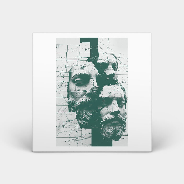 Album cover made to look 3D standing upright with shadows with a light grey background. The album cover has an extremely light green background with a framed image of three AI generated greek or roman statues of heads breaking through a brick looking wall, all in a monotone dark green.