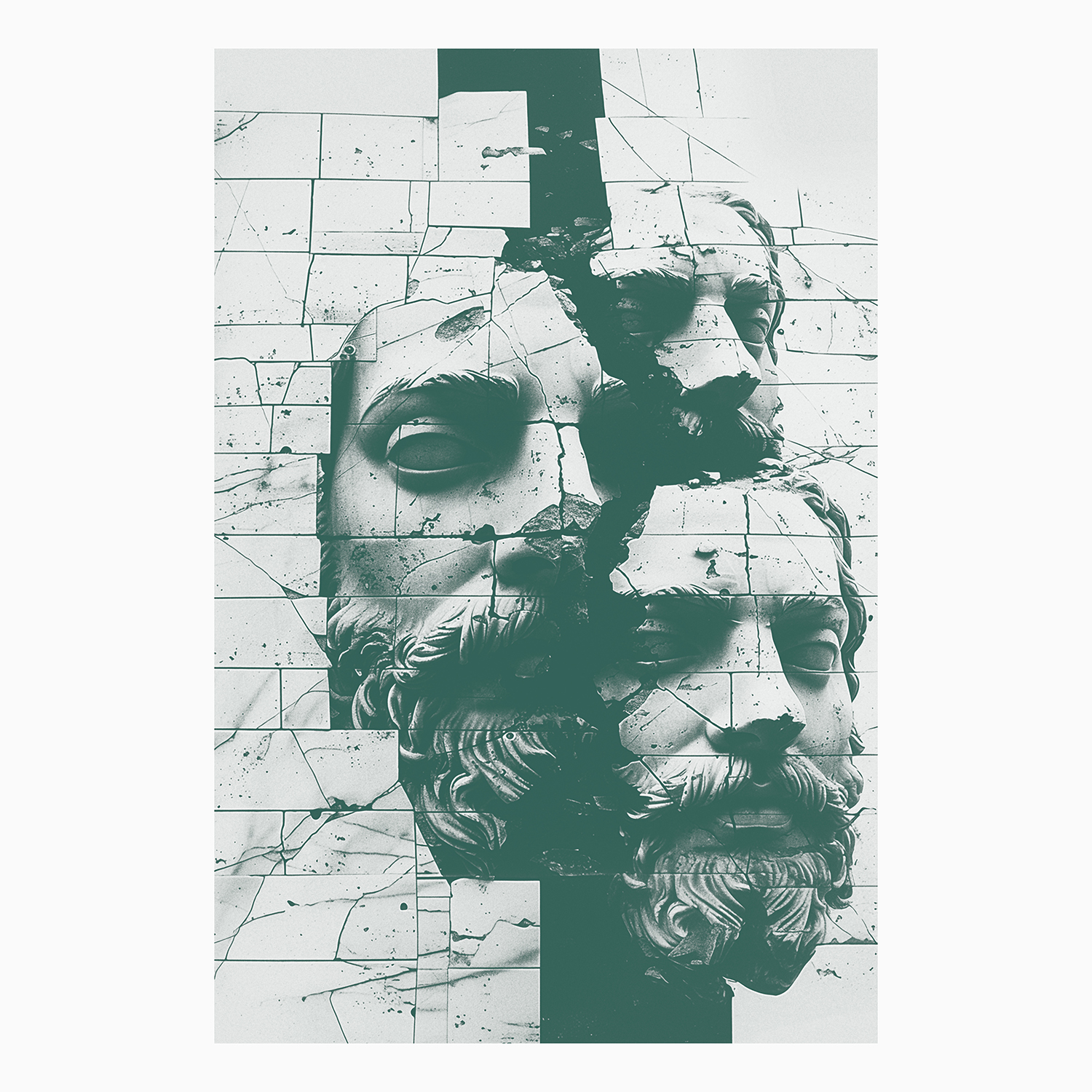 The album cover for The Voices of Theseus, the album cover has an extremely light green background with a framed image of three AI generated greek or roman statues of heads breaking through a brick looking wall, all in a monotone dark green.