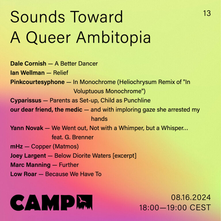 Flyer with a yellow and pink gradient with a hint of white. Black text overtop reads: Sounds Toward A Queer Ambitopia; 13; Dale Cornish — A Better Dancer; Ian Wellman — Relief; Pinkcourtesyphone — In Monochrome (Heliochrysum Remix of "In Voluptuous Monochrome”); Cyparissus — Parents as Set-up, Child as Punchline; our dear friend, the medic — and with imploring gaze she arrested my hands; Yann Novak — We Went out, Not with a Whimper, but a Whisper… feat. G. Brenner; mHz — Copper (Matmos); Joey Largent — Below Diorite Waters [excerpt]; Marc Manning — Further; Low Roar — Because We Have To; 08.16.2024, 18:00-19:00 CEST