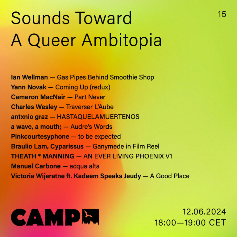 Flyer with a yellow and orange gradient background. Black text overtop reads: Sounds Toward A Queer Ambitopia; 15; Ian Wellman — Gas Pipes Behind Smoothie Shop; Yann Novak — Coming Up (redux); Cameron MacNair — Part Never; Charles Wesley — Traverser L'Aube; antxnio graz — HASTAQUELAMUERTENOS; a wave, a mouth; — Audre's Words; Pinkcourtesyphone — to be expected; Braulio Lam, Cyparissus — Ganymede in Film Reel; THEATH * MANNING — AN EVER LIVING PHOENIX V1; Manuel Carbone — acqua alta; Victoria Wijeratne ft. Kadeem Speaks Jeudy — A Good Place. 12.06.2024, 18:00-19:00 CET