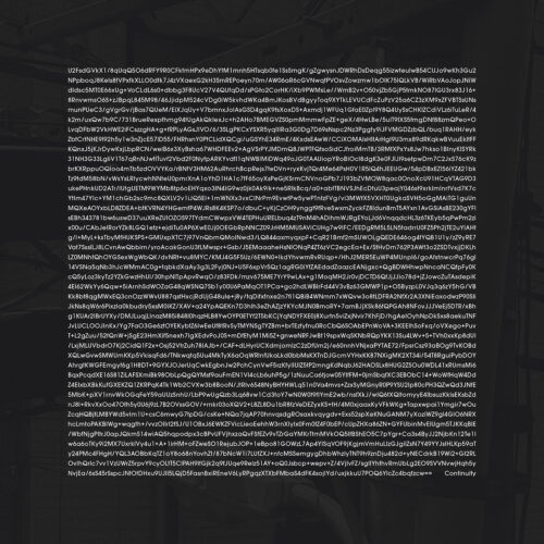 The album cover for 'Continuity' by Yann Novak. Its a dark grey photo background of electric and phone cables nested together on a pole. Over top is 42 lines of white text that are as wide as they are tall, its encrypted text so its gibberish all the way until the end where there are two == and then a few spaces and the word Continuity.