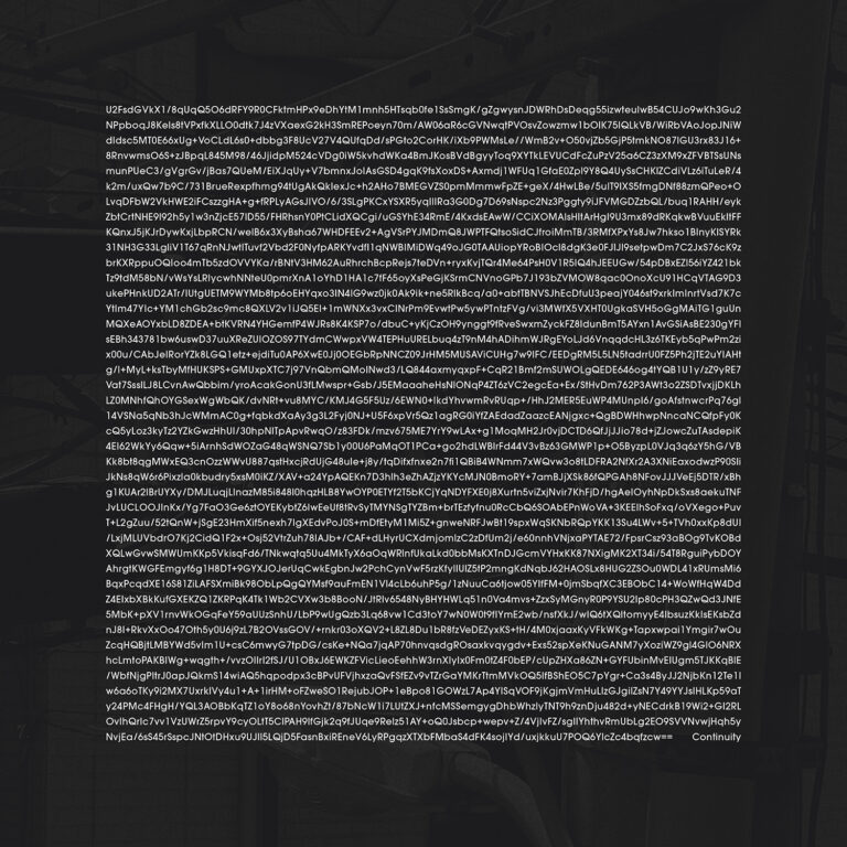 The album cover for 'Continuity' by Yann Novak. Its a dark grey photo background of electric and phone cables nested together on a pole. Over top is 42 lines of white text that are as wide as they are tall, its encrypted text so its gibberish all the way until the end where there are two == and then a few spaces and the word Continuity.