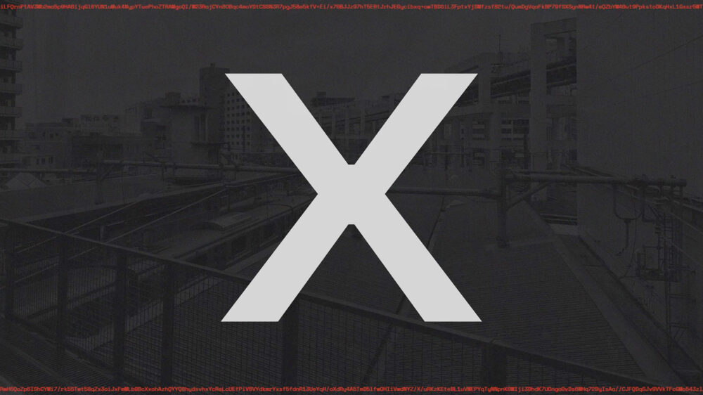 A video still from the video for 'c0n73x7_c0ll4p53'. The background is a dark grey photograph looking out over a train yard in Chiba. On the top and bottom edge is small red text that is just strings of characters, its encrypted text. In the venter is a massive white X.