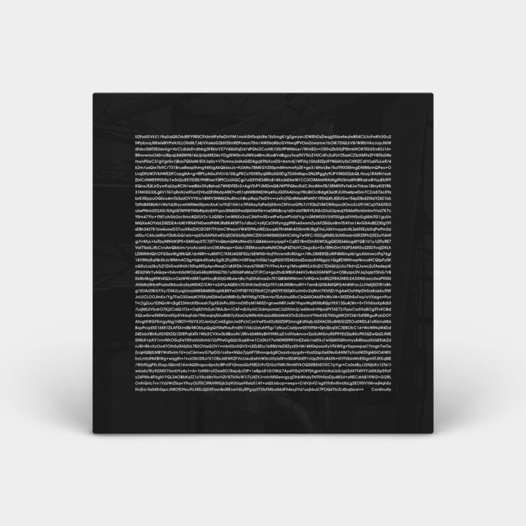 The album cover for 'Continuity' by Yann Novak, made to look 3D with shadows on a light grey background. The cover is a dark grey photo background of electric and phone cables nested together on a pole. Over top is 42 lines of white text that are as wide as they are tall, its encrypted text so its gibberish all the way until the end where there are two == and then a few spaces and the word Continuity.