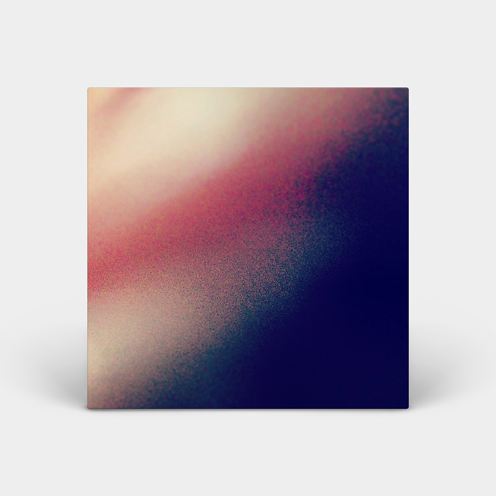 Album cover made to look 3D with a light gray background and shadows. The album cover is a purple, pink, and tan gradient, with a ton of digital noise creating a district texture and blured in the upper left and lower right corners to give depth.